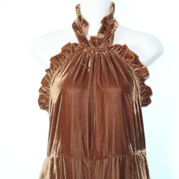Kristinit Anthropologie Velvet Ruffle Halter Jumpsuit Copper Large H13128 - Picture 4 of 12